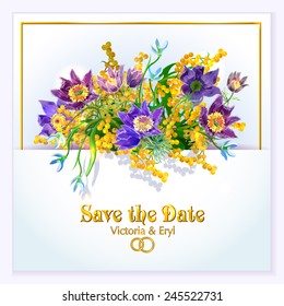 Save The Date or Wedding Invitation With Bouquet of Spring Flowers: sleep-grass, mimosa, snowdrops.