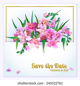 Save The Date or Wedding Invitation With Bouquet of pink orchid.