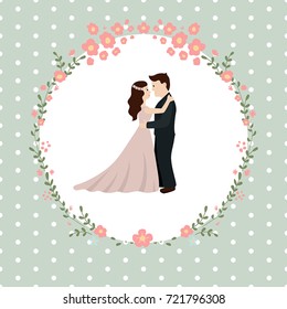 Save the date. Wedding invitation with bride and groom with flowers frame.