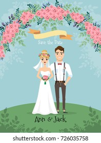 Save the date. Wedding invitation with bride and groom with flowers elements