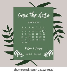 Save The Date Wedding Invitation Calendar March 2020