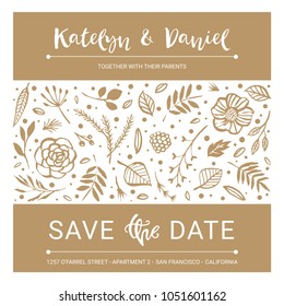 Save the Date. Wedding invitation calligraphy floral card with catchwords. Modern lettering. Hand drawn design elements. Vector illustration.