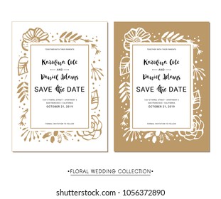 Save the Date. Wedding invitation calligraphy floral cards with catchwords. Modern lettering. Hand drawn design elements. Vector illustration.