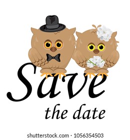 save the date wedding invitation card template.Vector illustration, white background, isolated. Cute owls groom in hat and bow tie, bride with flower bouquet