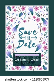 Save the date. Wedding invitation card design template with botanical desig elements. Stationery design. Vector illustration