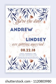 Save the date. Wedding invitation card design template with botanical desig elements. Stationery design. Vector illustration
