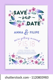 Save the date. Wedding invitation card design template with botanical desig elements. Stationery design. Vector illustration