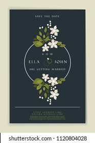Save the date. Wedding invitation card design template with botanical desig elements. Stationery design. Vector illustration