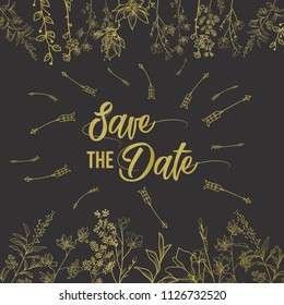 Save the date wedding invitation card template decorate with hand drawn wreath flower in vintage style. Vector illustration.