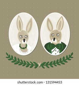 save the date wedding invitation card with delicate grunge oval portraits of rabbit bride and groom on brown dotted background