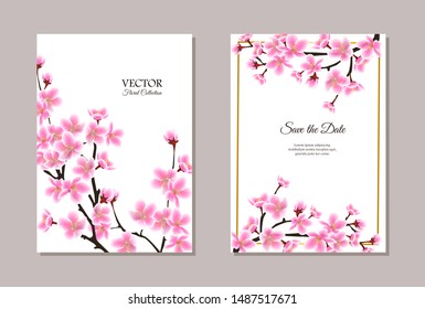 Save the Date wedding invitation card template design of sakura flowers and leaves, cherry blossom a vector illustration. Floral spring beautiful cover for bridal ceremony.