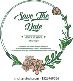 Save the date, wedding invitation card template, with wallpaper of green leaf flower frame. Vector