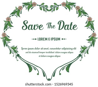 Save the date, wedding invitation card template, with wallpaper of green leaf flower frame. Vector