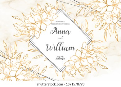 Save the date wedding invitation card with golden flowers, leaves and branches
