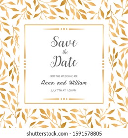 Save the date wedding invitation card with golden leaves and branches