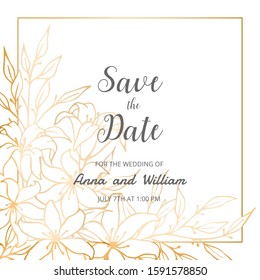 Save the date wedding invitation card with golden flowers, leaves and branches