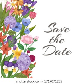 Save the date, wedding invitation card with garden flowers botanical vector illustration. Summer or spring flower floral save the date isolated on white background.