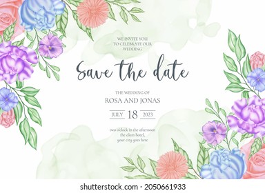 Save the date wedding invitation card template with rose flower frame