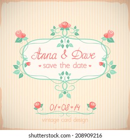 Save the date wedding invitation card on the striped background in vintage style