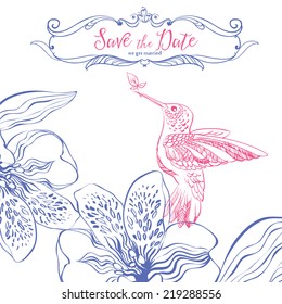 Save the date. Wedding invitation card with bird and flowers. Hand drawn vector illustration