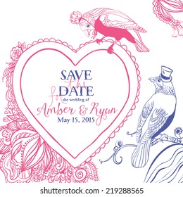 Save the date. Wedding invitation card with birds and floral heart. Hand drawn vector illustration