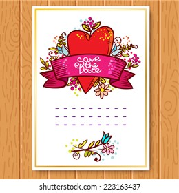 Save The Date, Wedding Invitation Card. Red heart, ribbon, flowers in cartoon doodle style.