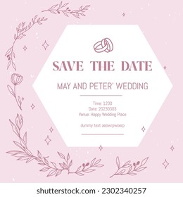 Save the Date wedding invitation card, Pink with flower background vector