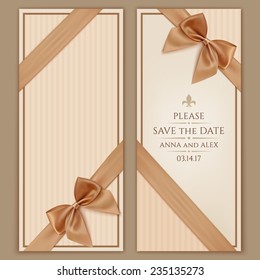Save The Date, Wedding Invitation Card .Vintage greeting card template with golden bow and ribbon. Vector illustration