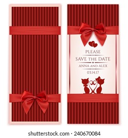 Save The Date, Wedding Invitation Card .Vintage greeting card template with red bow and ribbon. Vector illustration