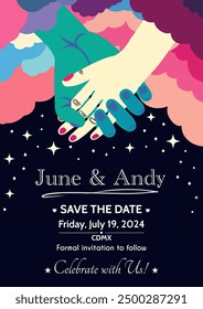 Save the date, wedding invitation card with hands shaking and coming out of the clouds, with intense colors and dark background.