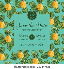 Save the Date - Wedding Invitation Card - with Retro Pineapples - in vector