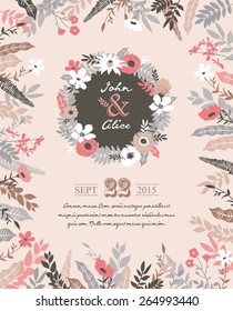 Guarda la fecha. Tarjeta de invitación de boda con bonitos elementos florecientes.