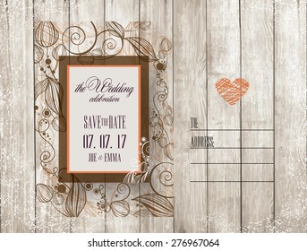 Save The Date. Wedding Invitation Card on wooden background with flowers