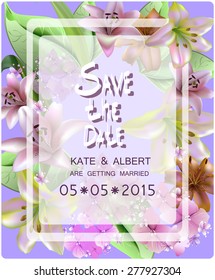 Save The Date, Wedding Invitation Card with flowers lilies and hydrangeas.Vector