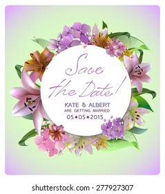 Save The Date, Wedding Invitation Card with flowers lilies and hydrangeas.Vector