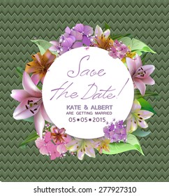Save The Date, Wedding Invitation Card with flowers lilies and hydrangeas.Vector