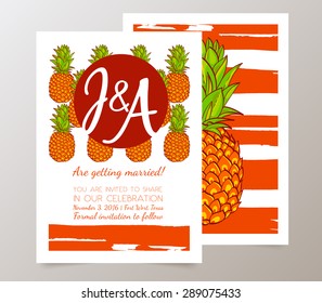 Save the Date, Wedding Invitation Card  with hand drawn Retro Pineapples. 