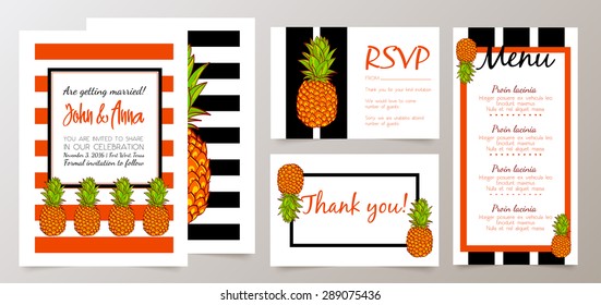 Save the Date, Wedding Invitation Card with hand drawn Retro Pineapples. 