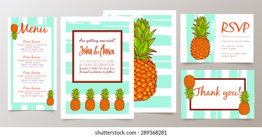 Save the Date, Wedding Invitation Card with Retro Pineapples. Black and orange.