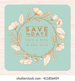 Save the date, wedding invitation card with flower wreath background template in golden color. Flower floral background. Vector illustration.