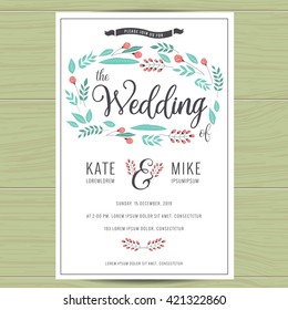 Save the date, wedding invitation card with hand drawn wreath flower template. Flower floral background. Vector illustration.