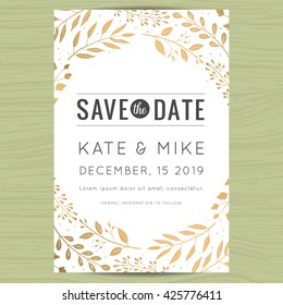 Save the date wedding invitation card template with golden flower floral background. Vector illustration.