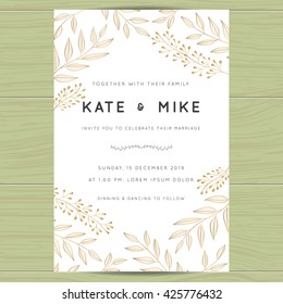 Save the date wedding invitation card template decorate with golden flower floral on background. Vector illustration.