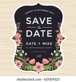 Save the date, wedding invitation card with hand drawn wreath flower template. Flower floral background. Vector illustration.
