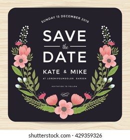 Save the date, wedding invitation card with hand drawn wreath flower template. Flower floral background. Vector illustration.