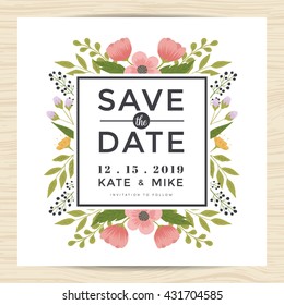Save the date wedding invitation card template decorate with hand drawn wreath flower in vintage style. Vector illustration.