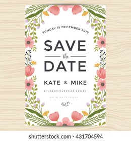 Save the date wedding invitation card template decorate with hand drawn wreath flower in vintage style. Vector illustration.