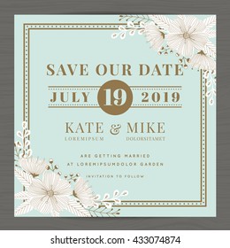 Save the date, wedding invitation card template decorate with hand drawn flower floral.  Vintage style. Vector illustration.