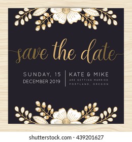 Save the date, wedding invitation card template decorate with golden flower floral wreath. Vector illustration.