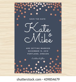 Save The Date, Wedding Invitation Card Template Decorate With Copper Color Circle Background. Vector Illustration.